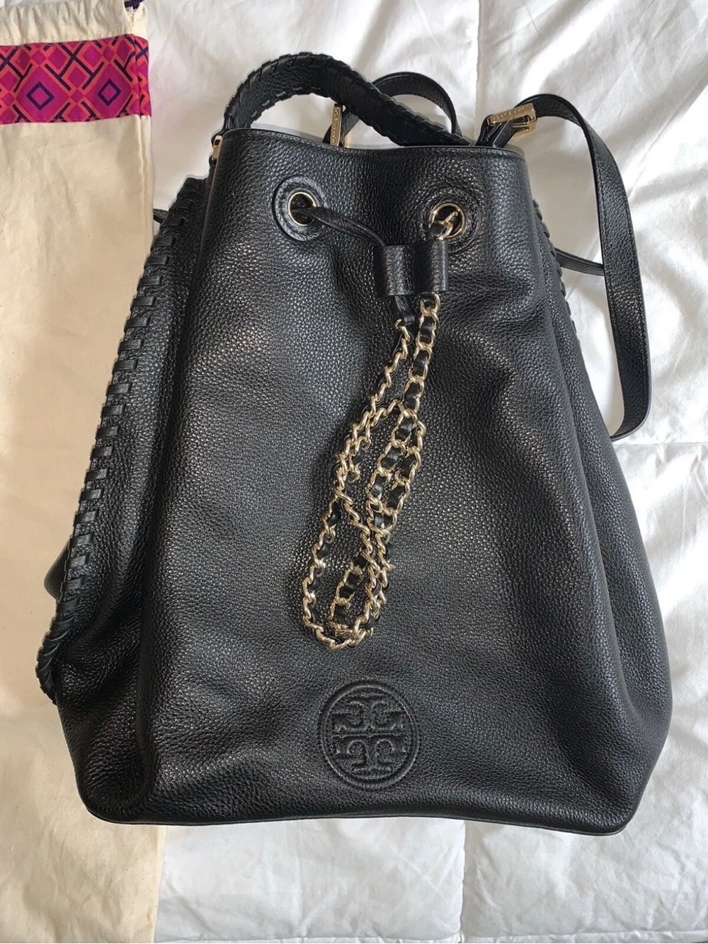 Tory Burch Black Pebbled Leather Drawstring Backpack with Chain Accent
